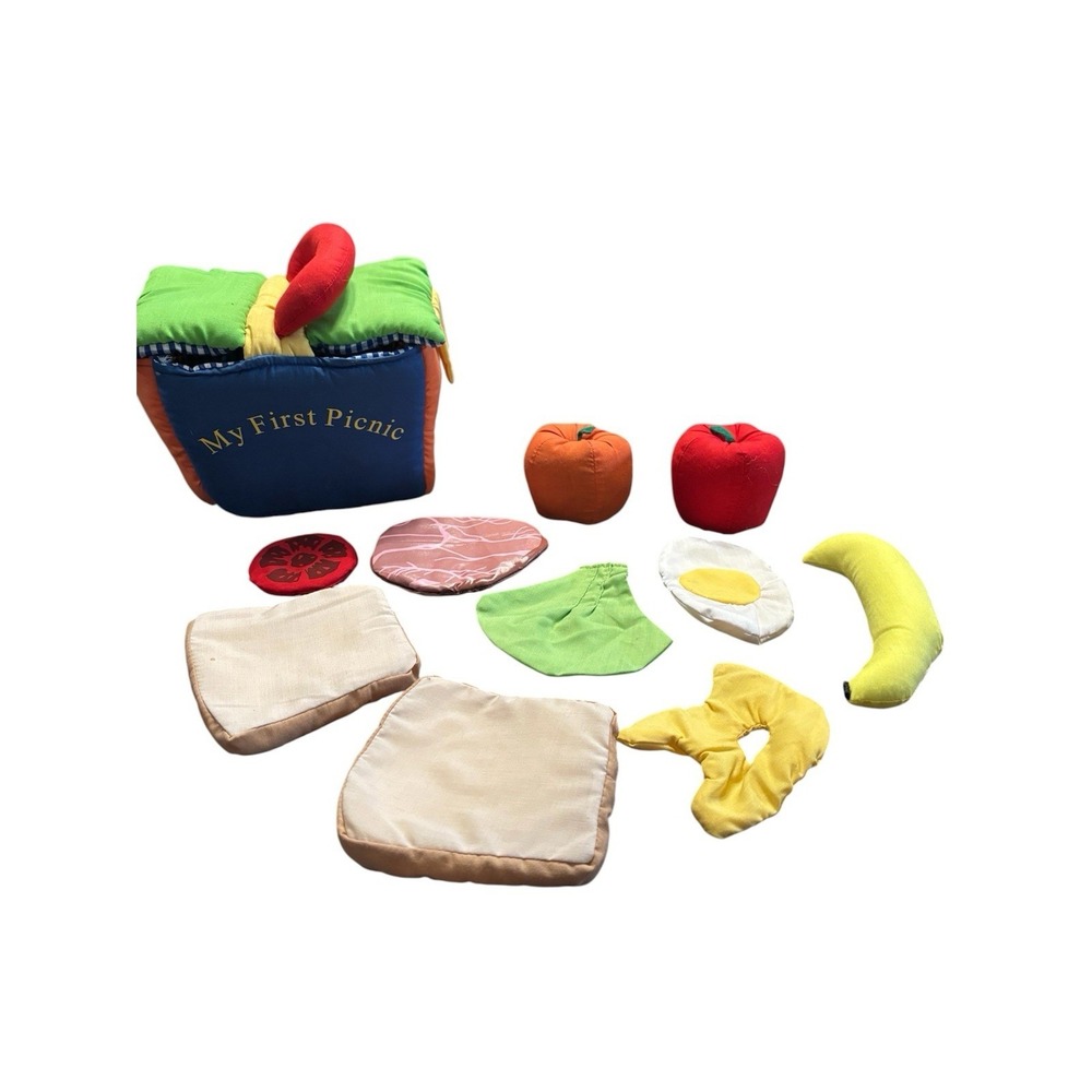 My First Picnic Basket W/Plush Food Sandwich Egg Cheese Meat Lettuce Fruit